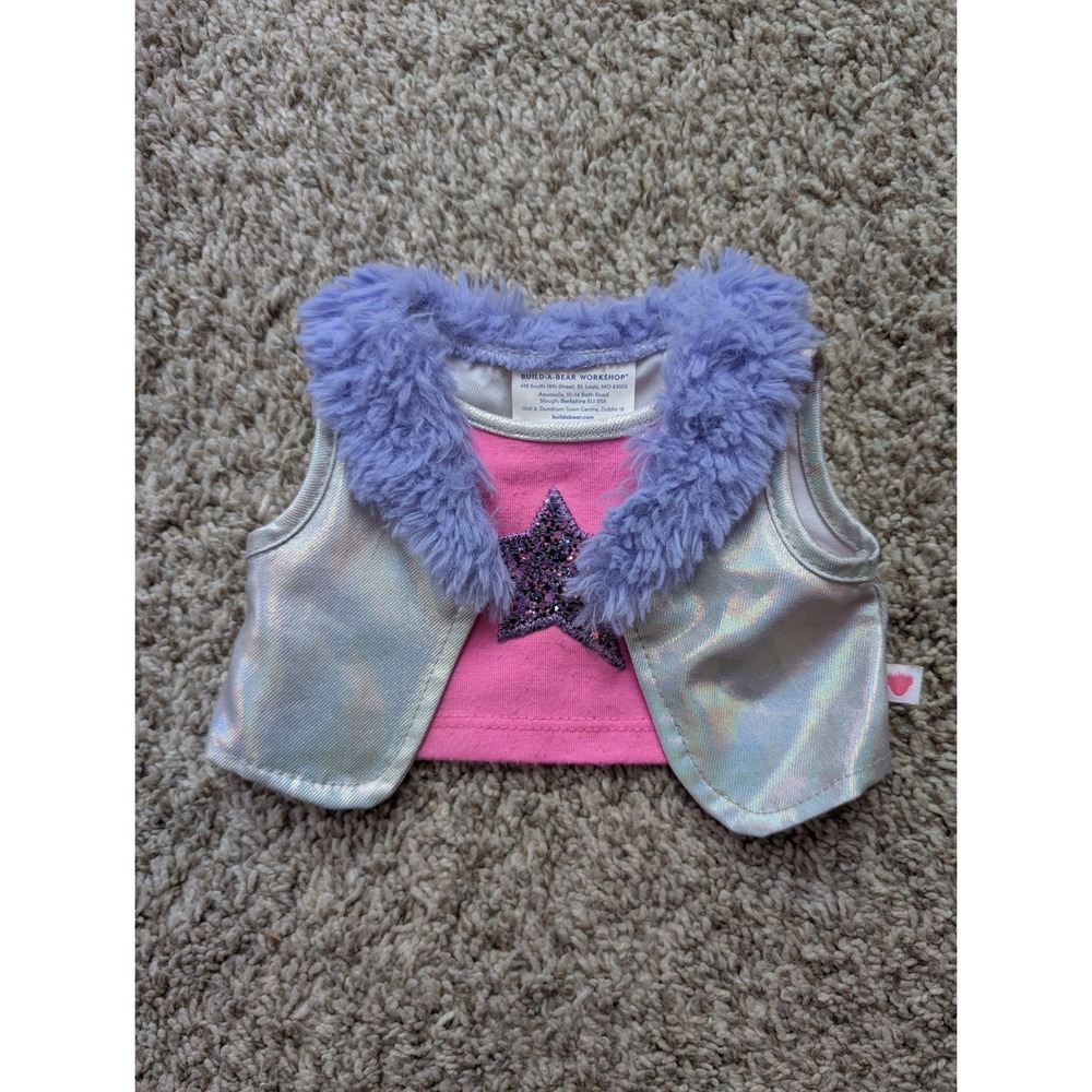 Build-A-Bear Vest Top Plush Pink Purple Silver Pop Star Fur Star Outfit